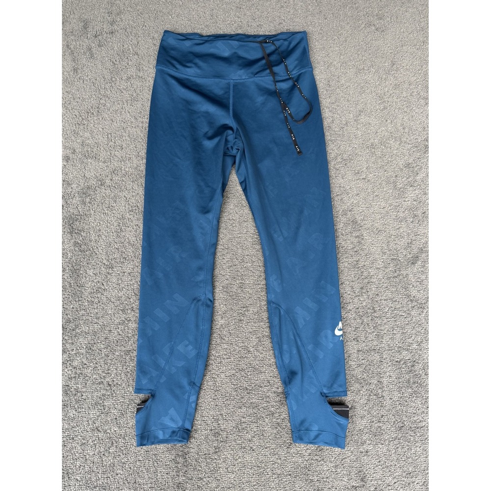 Nike Air Dri-FIT Teal Blue Tonal Logo Running Leggings Ankle Cutout Womens M